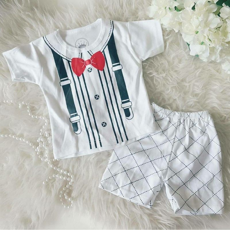 Baju Anak Laki Laki/ Baju Setelan Anak Laki Laki/ Baju Setelan Bayi/ Baju Set Bayi - Suspender Putih