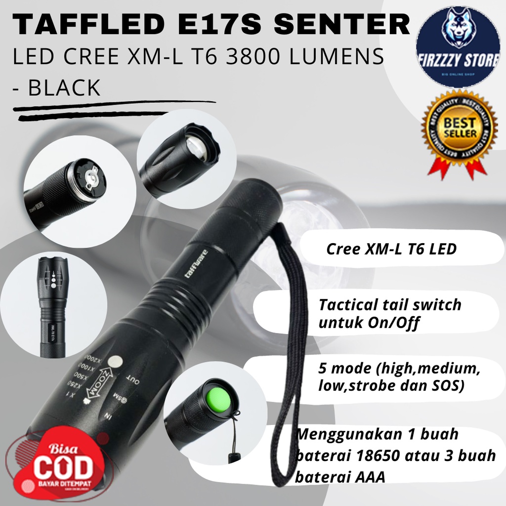 Senter LED Cree XM-L T6 3800 Lumens Warna Hitam