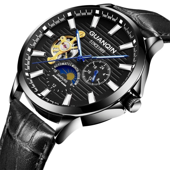 FASHION PRIA JAM TANGAN PRIA GUANQIN JAM TANGAN ANALOG PRIA STRAP LEATHER - 16131 - BLACK