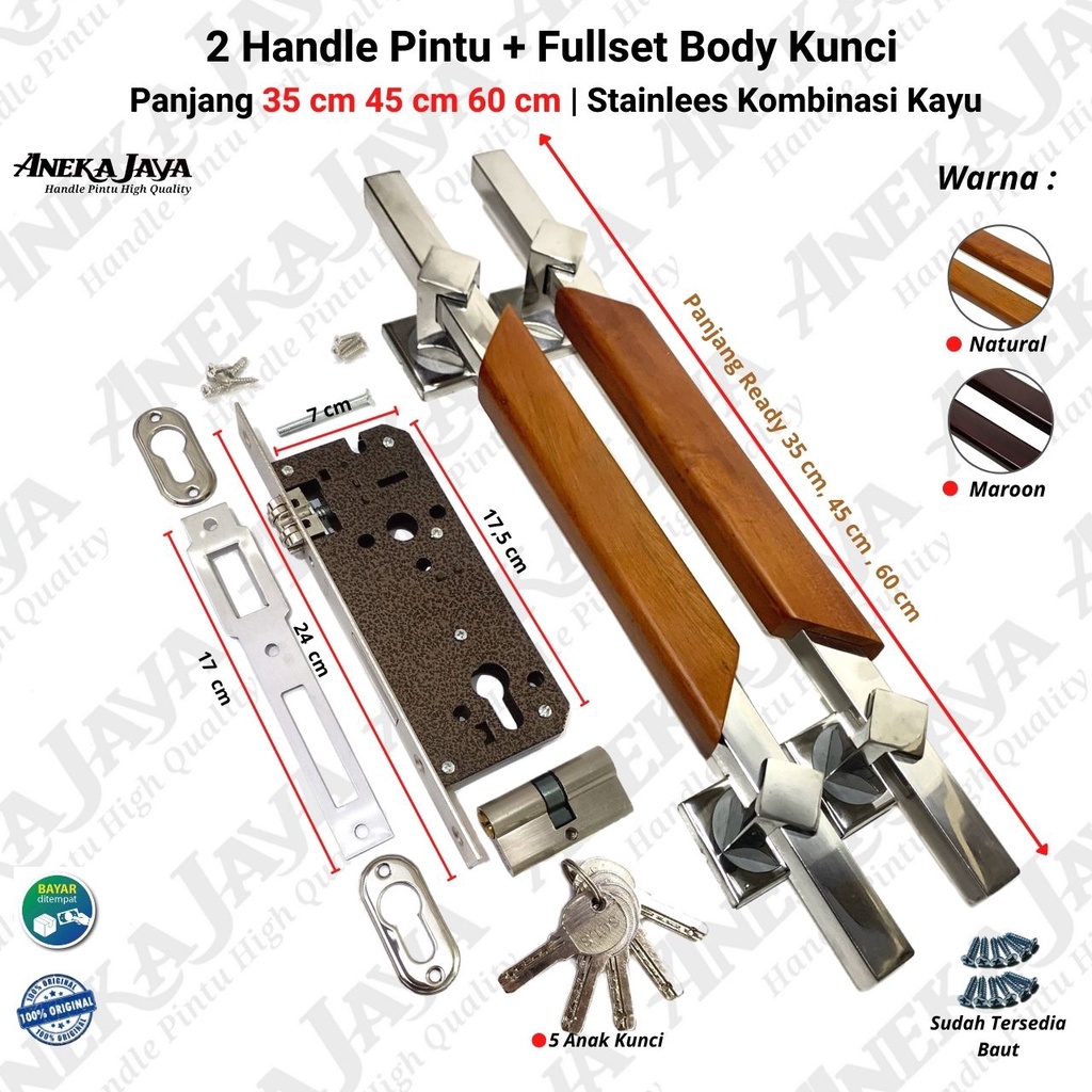 2 Handle set kunci pintu rumah panjang 60 cm 45 cm 35 cm / Gagang pintun rumah / Pegangan Pintu rumah / Tarikan pintu rumah stainlees kombinasi kayu murah