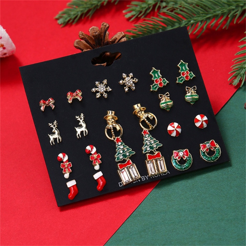 12 Pasang / Set Anting Stud Desain Snowflake Natal