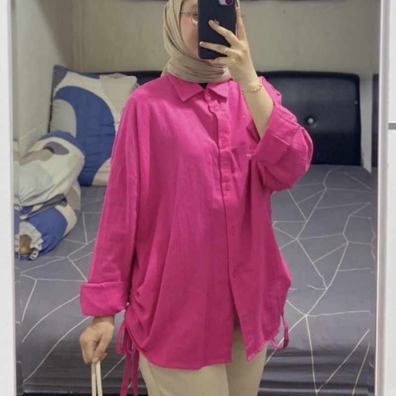 Kemeja Wanita Tali Serut Samping Oversize Olivia Shirt Linen Pocket