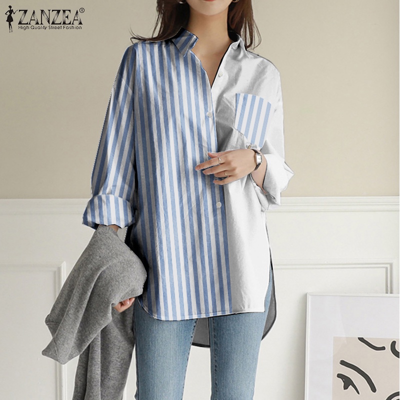 ZANZEA Women Casual Long Sleeve Lapel Loose Striped Patchwork Blouse