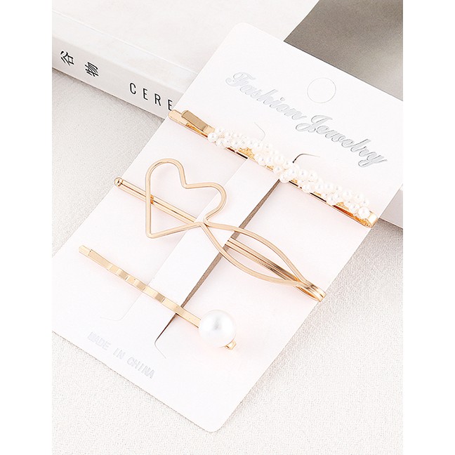 LRC Jepit Rambut Fashion Gold Peach Heart Pearl Hair Clip Set Y61545