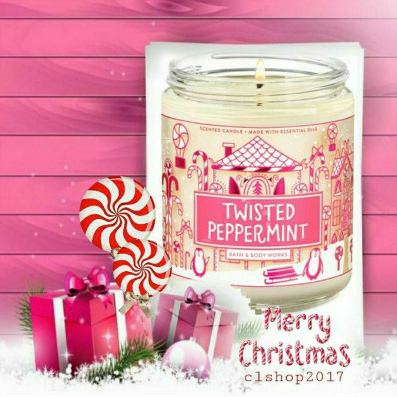 BATH &amp; BODY WORKS BBW TWISTED PEPPERMINT MADE WITH ESSENTIAL OILS WHITE BARN 1 SINGLE WICK SCENTED CANDLE 198 G PENGHARUM RUANGAN