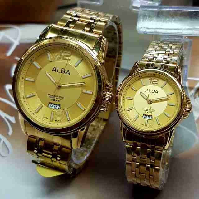 Jam Tangan Alba Couple: Jam Tangan Alba Couple Date Rantai Full Gold B_SWH