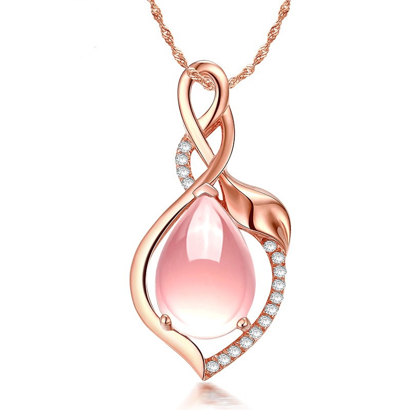 [Ready Stock]Fashion Inlaid Crystal Necklace Rose Gold Plated Rose Quartz Pendant