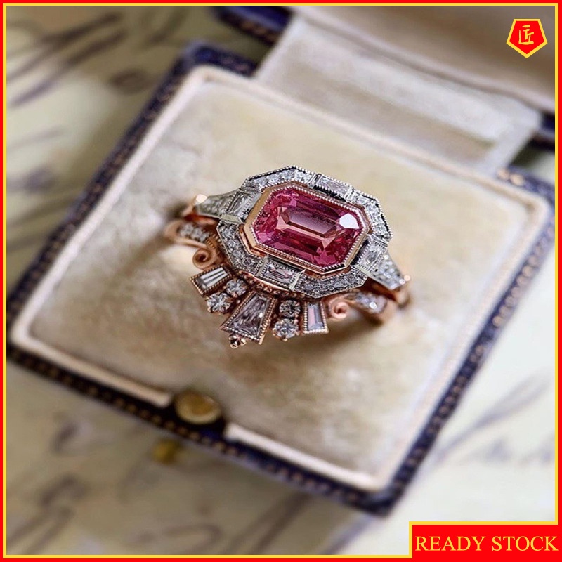 [Ready Stock]Inlaid Rose Red Gem Square Diamond Ring Set Fashion