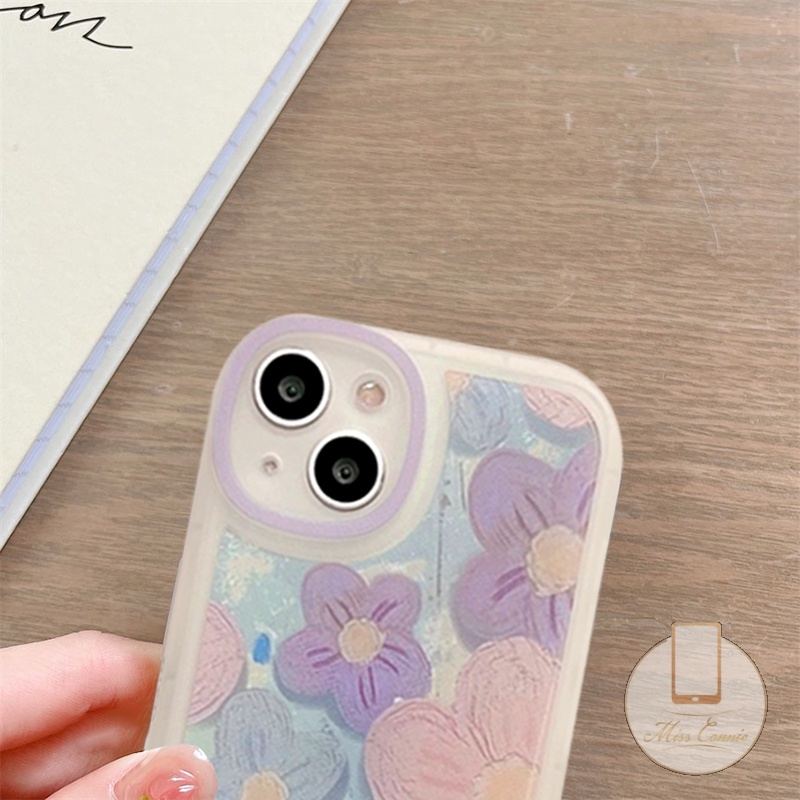 IPHONE Ins Fashion Retro Bunga Ungu Casing Ponsel Kompatibel Untuk Iphone11 7 8 Plus 12 13 11 14 Pro Max X XR XS Max 6 6s SE 2020 Plus Perlindungan Lensa Oval Soft TPU Cover