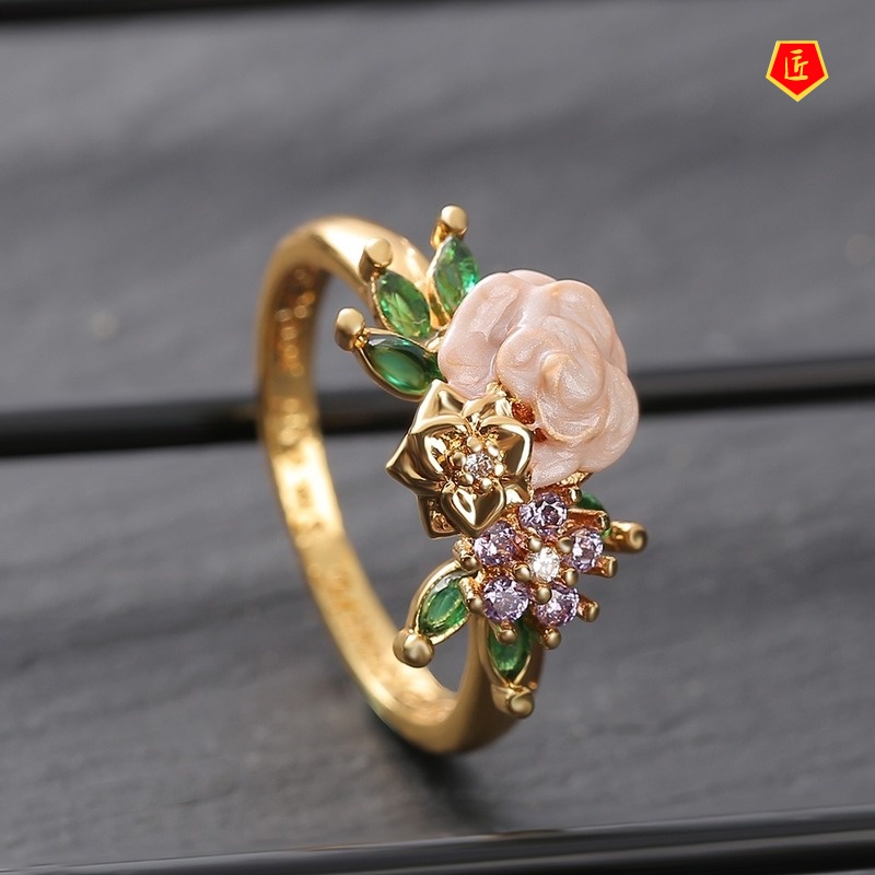 [Ready Stock]New Creative Inlaid Diamond Flower Ring Exquisite Fashion