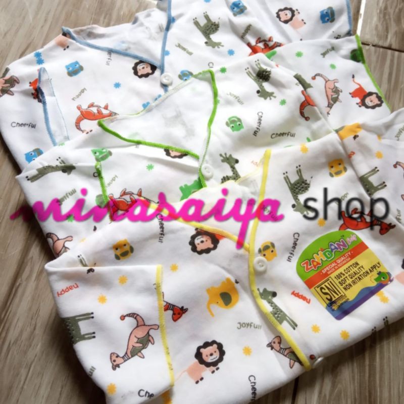 ZAHDAN 3 pcs Baju Bayi Newborn Baru Lahir SNI Kancing Depan Lengan Pendek Putih Motif