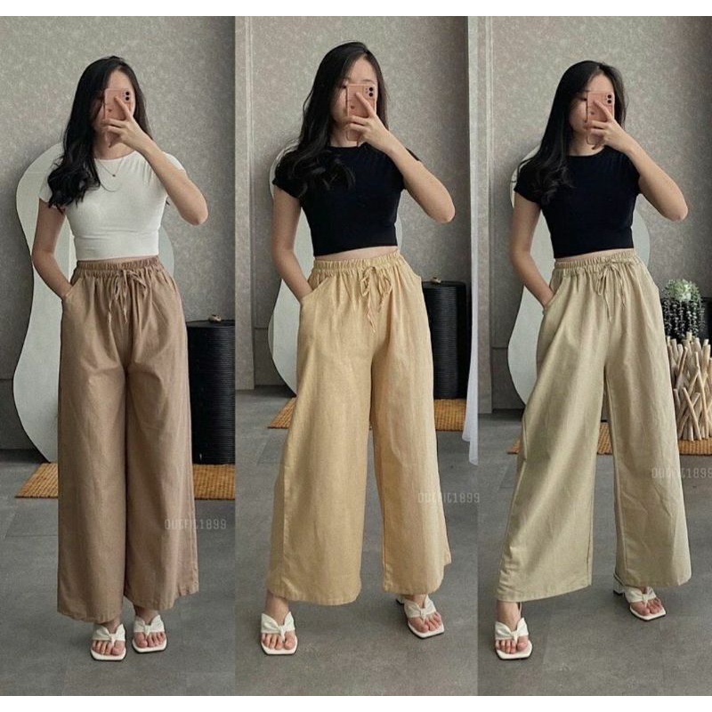 Celana Kulot wanita Linen rami SEOUL Highwaist Premium Pinggang Full karet Lembut Cod muat sampai BB 70 Kg