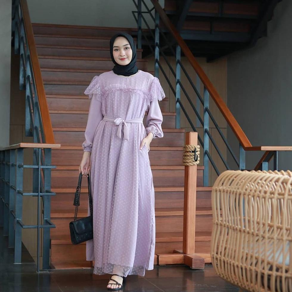➭ Mira Maxy Dress l Baju Muslim Kondangan Dress Mix Brukat Polka Premium ➳