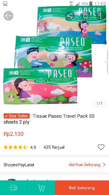 Tissue Paseo Travel Pack 50 Sheets 2 Ply