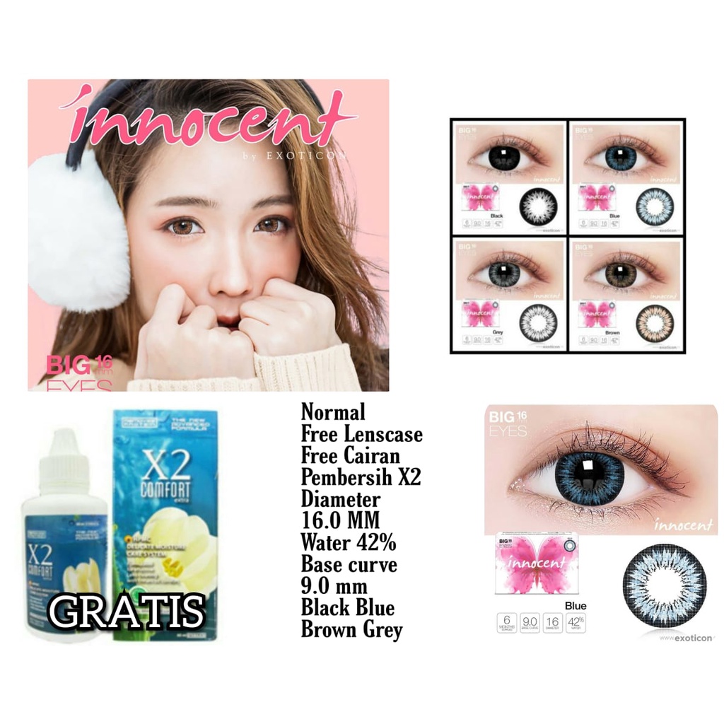 BEST SELLER SET X2 SOFTLENS INNOCENT BIG EYES 16MM, FREE CAIRAN X2 60ML, FREE JEPITAN, FREE LENCASE, SOFLEN SOFLENS SOFTLEN COD LENSA BY X2 EXOTICON