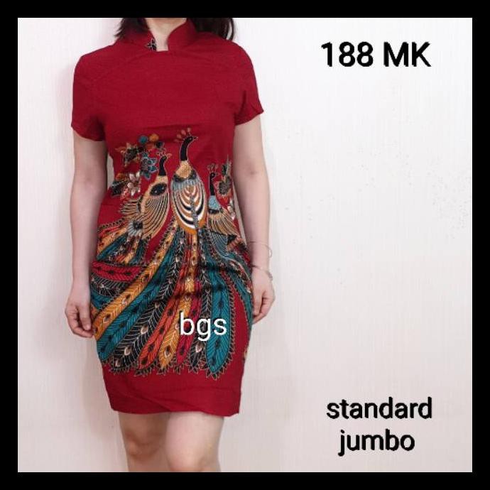 ( BAYAR DI TEMPAT BISA ) DRESS BATIK 188MK# CHEONGSAM EDISI IMLEK WARNA MERAH MOTIF BURUNG BAHAN