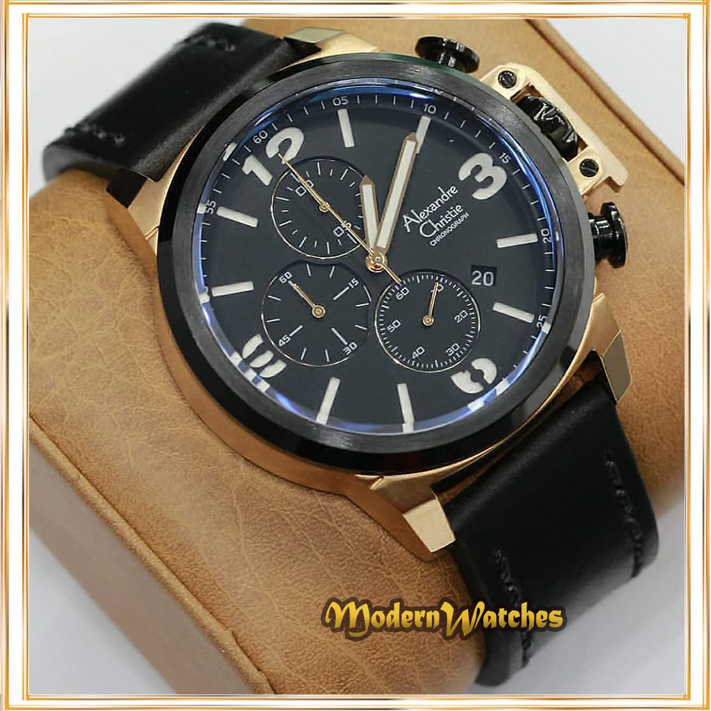 Jam Tangan Alexandre Christie AC 6280 Leather Strap Black Rosegold Hitam Kulit Terlaris Alexande
