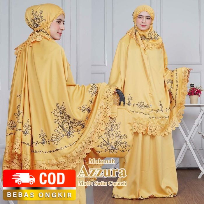 Mukena Dewasa Satin Corneli Motif Azurra Adem Lembut Bonus Tas Cantik - MUSTARD