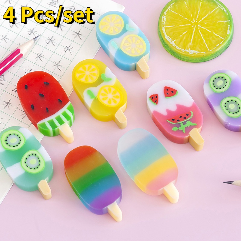 4pcs / set Penghapus Karet Bentuk Es Krim Kawaii Untuk Anak / Pelajar