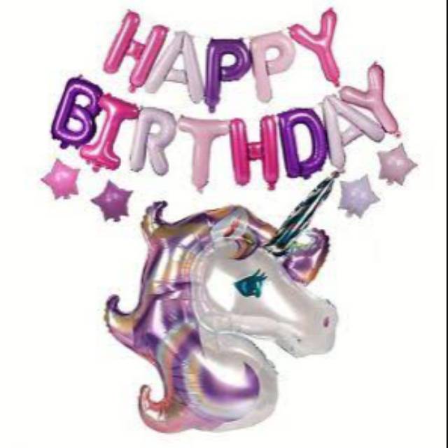 HAPPY BIRTHDAY SET UNICORN/BALON DEKORASI ULANG TAHUN ANAK CEWE/BALON FOIL UNICORN UNGU