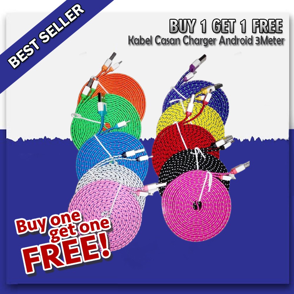 Promo BUY 1 GET 1 FREE !!! Kabel Casan Charger 3M - Meter Model Tali Sepatu