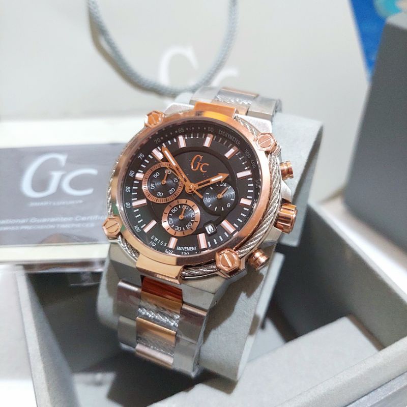 Jam Tangan Pria Guess Collection GC Y24002G2 Mix Rosegold Black Dial Original Cable Force Chronograp
