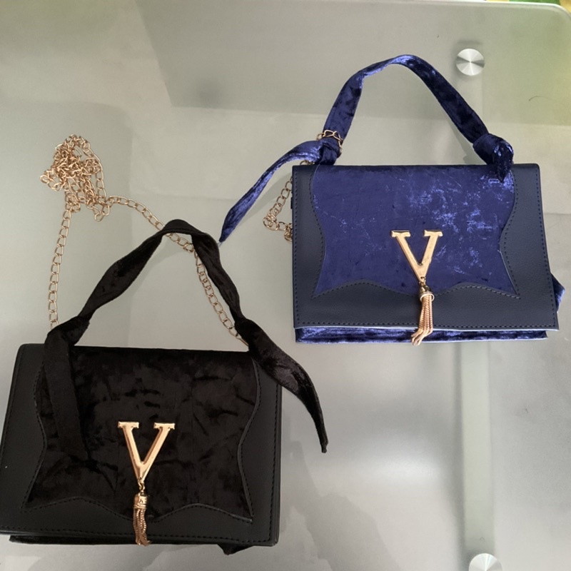 Tas Wanita Selempang Sling Bag Rantai Panjang Sintetis Imitasi Kondangan Pesta Velvet Bludru Formal 