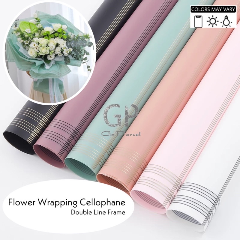 ( 5 Lembar ) DOUBLE LINE FRAME - FLOWER WRAPPING TUNE COLOR / KOREAN CELLOPHANE GARIS EMAS / KERTAS BUNGA BUKET BOUQUET - GOLD EDGE