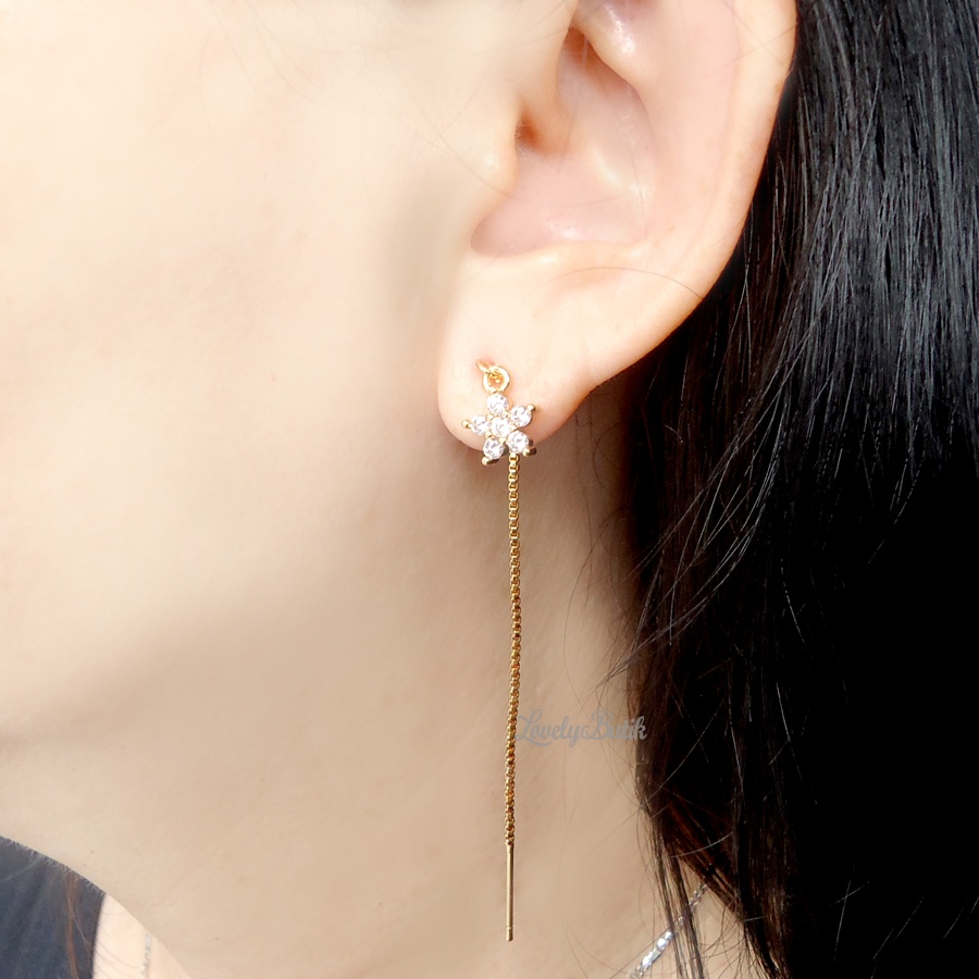 Lovelybutik - Anting Serut Xuping Korea Lis4 Anting Anting Panjang Rumbai Rantai Permata Garis Telin