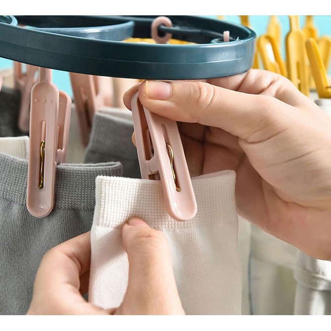 (BOW) Gantungan Jemuran Hanger Putar Dengan 12 Pcs Jepitan Kaos Kaki Baju Pakaian Dalam Serbaguna