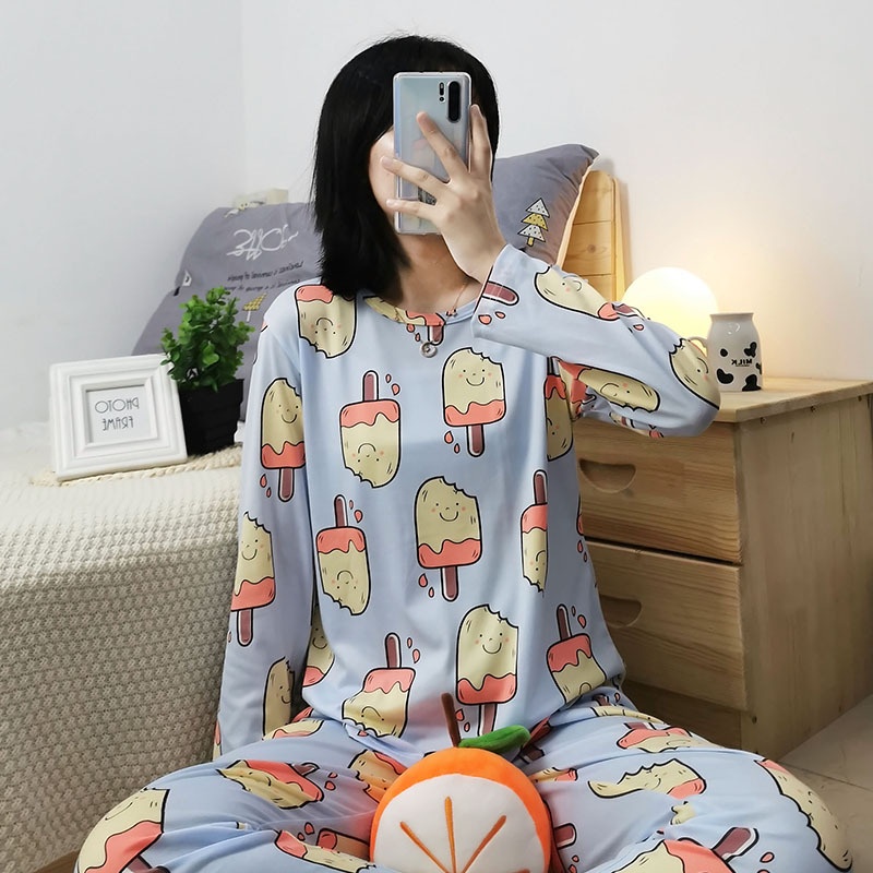 Setelan Lengan Panjang Piyama Baju Tidur Wanita Kartun Karakter Pajamas Dewasa set Piama Wanita-Blue ice cream