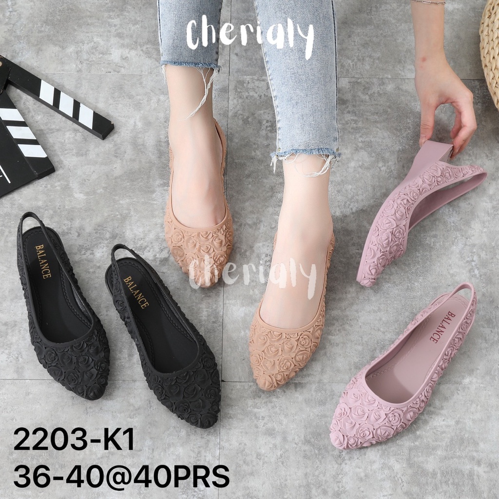 BALANCE Sandal Jelly Wanita Import Hak 3 Cm Bahan Karet Empuk Elastis Motif Bunga Sol Tebal Non-Slip Balet Flatshoes  Hak Pendek