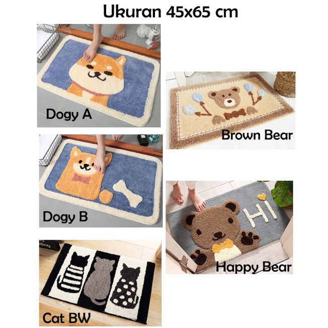 Keset Microfiber anti slip floor Mat carpet cute animal motif binatang dogy dog kucing cat