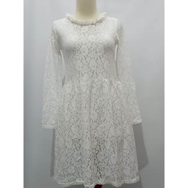 Dress Brukat Putih The Cle*ning Kerah Ruffle + Inner Rajut