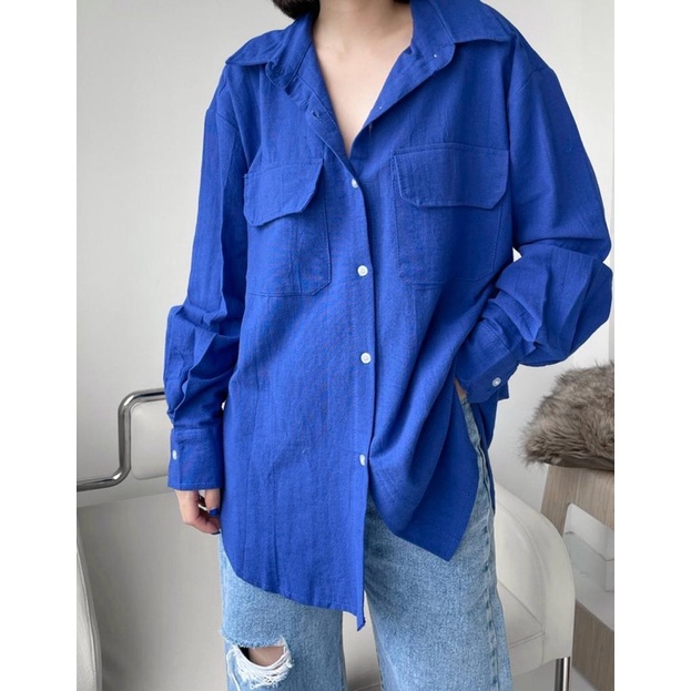 Blouse atasan wanita linen BIG SALE oversize shirt - kemeja basic polos wanita oversize bigsize jumbo blouse lengan panjang atasan formal kerja linen premium