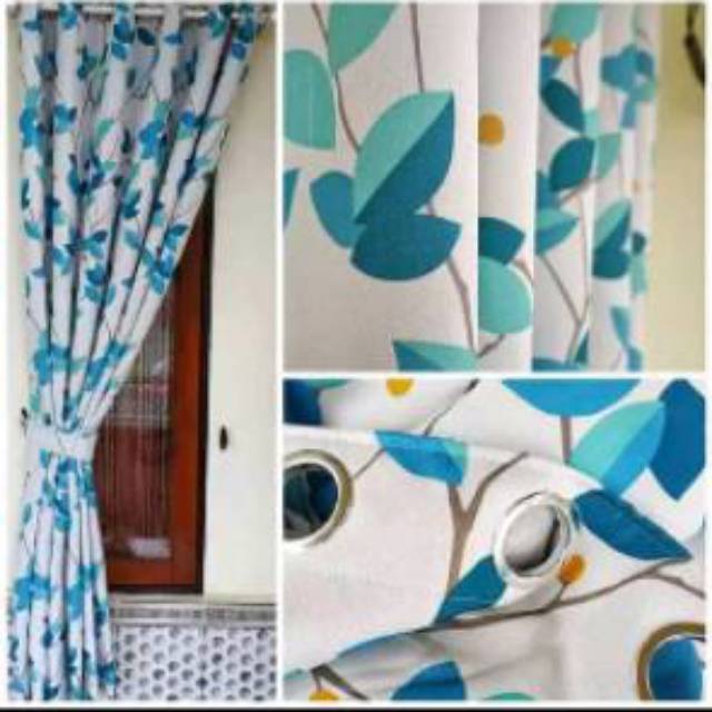 Gorden Satin Bridal Motif Bunga Biru Hijau Hordeng Jendela Pintu Minimalis