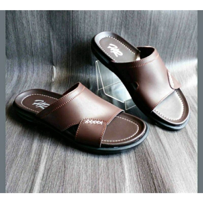 ORIGINAL, Sandal Slide Pria Kulit Brown-09 Sendal Slop Cowok Kokop Kasual Bapak2 Opa Clasik 38-44, BEST SELLER