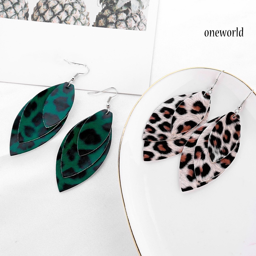 OW@ Women Leopard Triple Layer Leaf Shape Faux Leather Long Dangle Hook Earrings