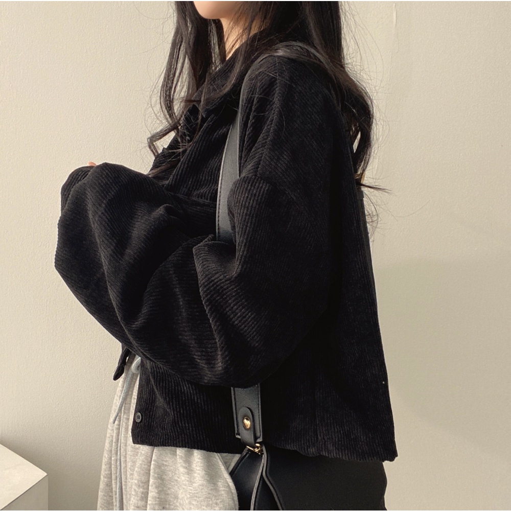 Jaket Crop Corduroy Wanita Korean Retro Style Outer Lengan Panjang Jacket Hitam