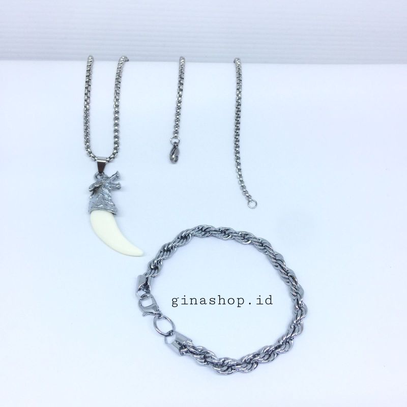 Kalung Cowok Vintage Liontin Cokker Kujang Silver Bahan Titanium satuset Gelang+Kalung BISA COD✅