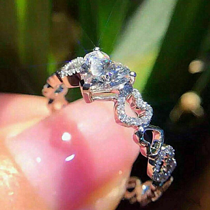 Cincin Berlian Kristal Berbentuk Hati Sederhana Perak Fashion Wanita Pernikahan Rings