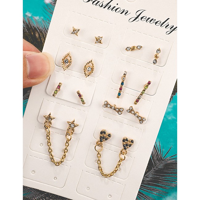 LRC Anting Set Fashion Gold Diamond-shaped Alloy Bone Heart-shaped Eye Studs 8 Pairs F78102