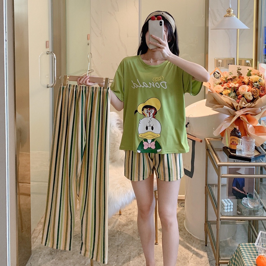 Baru set Baju Tidur Wanita Dewasa Oversize Piyama Bahan Kaos Celana Panjang & Pendek Setelan Baju Tidur 3IN1 Setelan Piyama-Donald Alvin