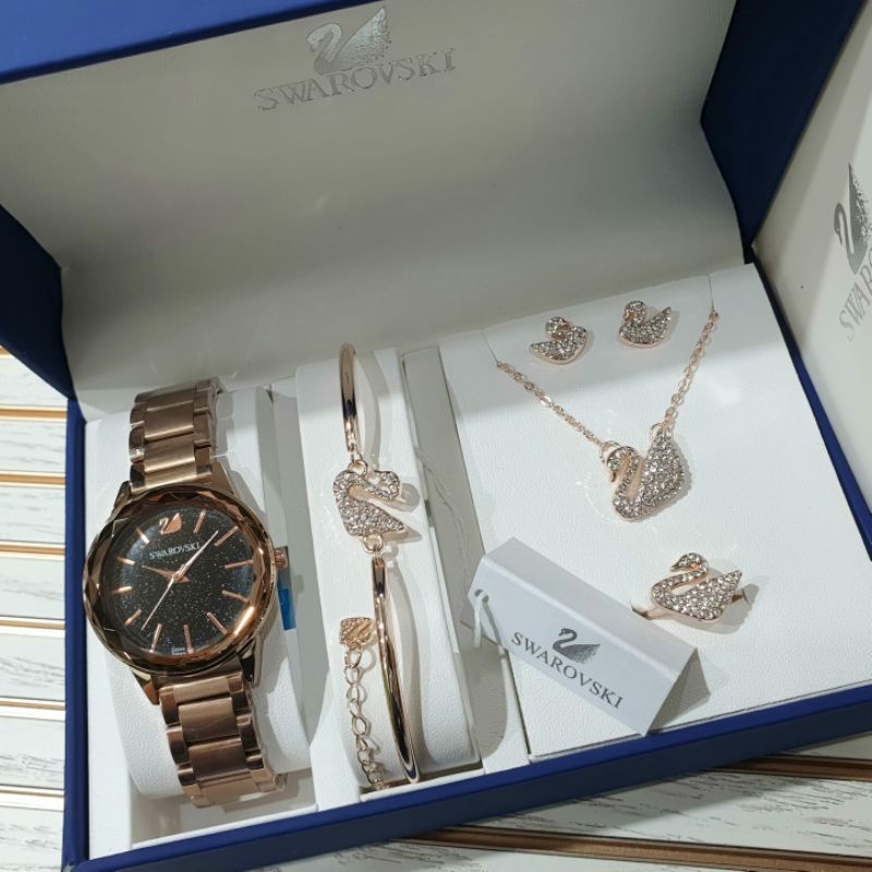 JAM TANGAN SWAROVSKI WANITA FREE CINCIN GELANG ANTING BOX ORIGINAL