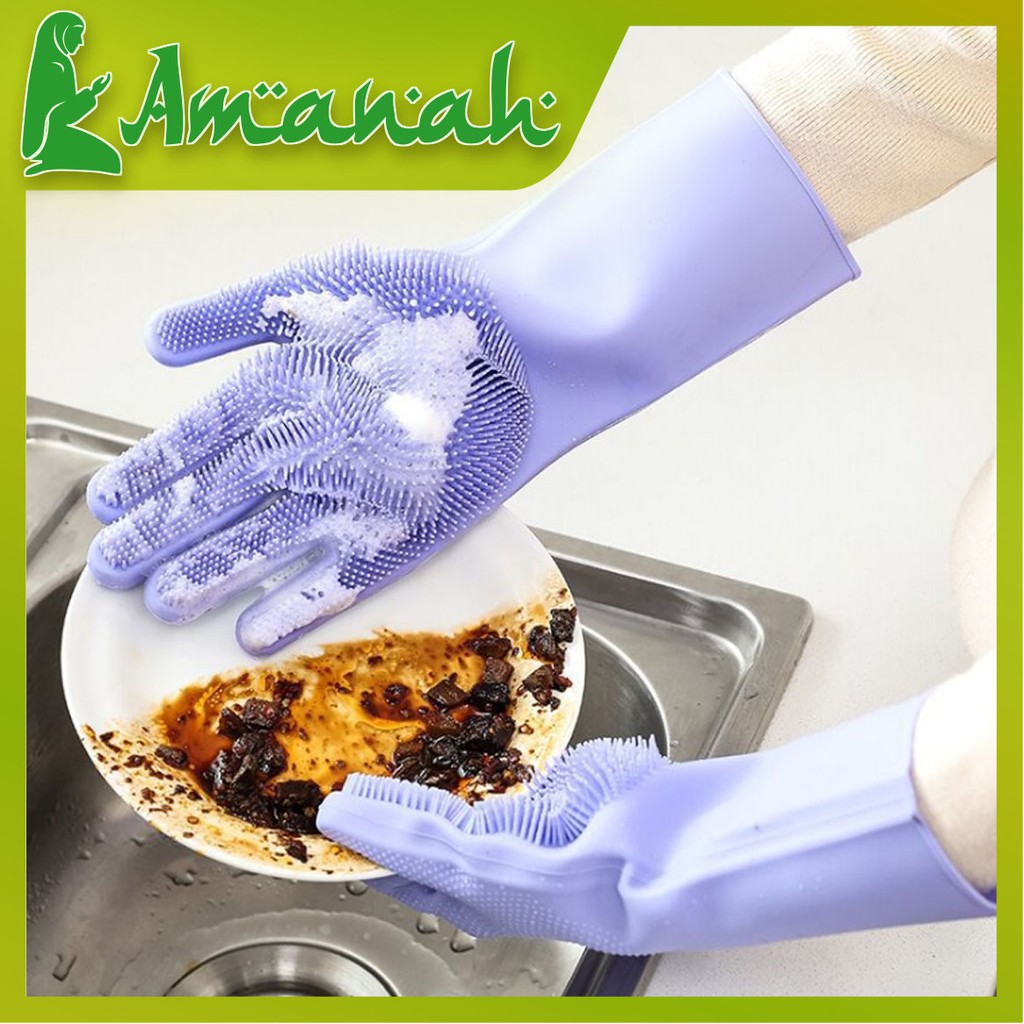 AS812 Sarung Tangan Karet Tebal Cuci Piring Silikon Dengan Brush Tebal / Silicone Gloves