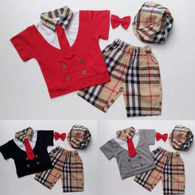 Baju Setelan Anak Bayi Laki Cowok - Burberry Coklat Golf Dasi Topi Pet