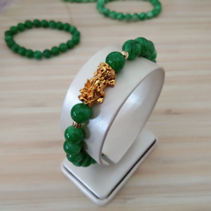 18k...Gelang Batu Giok Natural Pixiu Mas