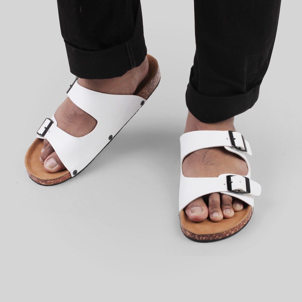 REV STORE - Sandal Pria &amp; Wanita White - Sendal Selop Gesper - Sandal Kulit Pu Unisex