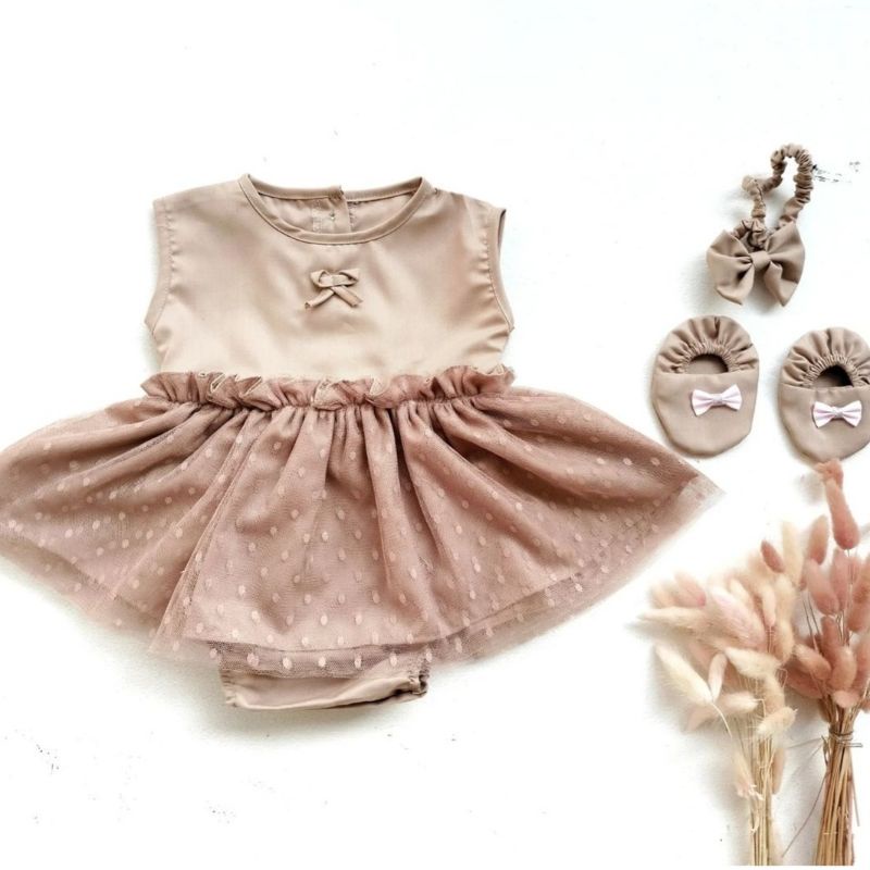 Baju Bayi Perempuan Jumper Dress 0 6 Bulan Newborn Set Baby girl Sepatu Bando Polos Pita
