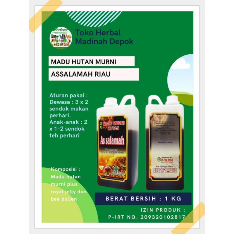 

Madu Hutan Murni Asli Assalamah Kaya Bee Pollen Dan Royal Jelly CV Abu Herbal 1 Kg